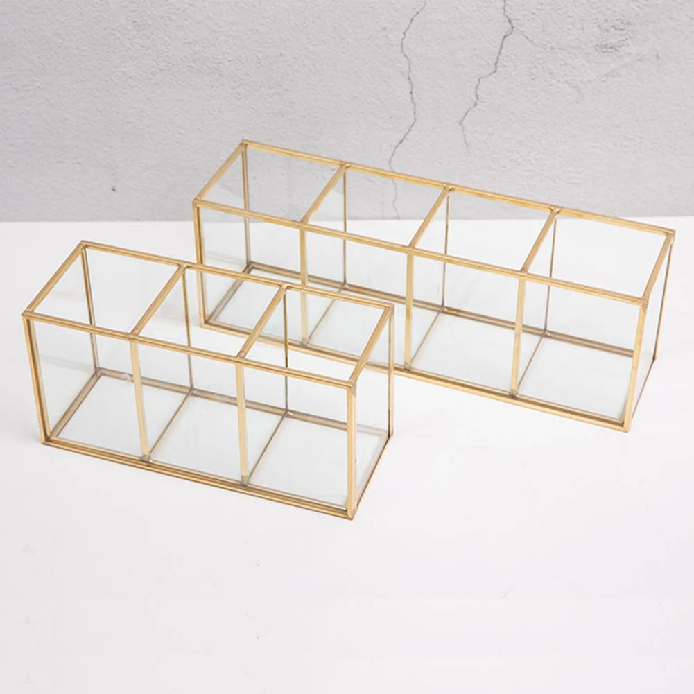 Premium Glass Makeup Brush Organizer with Gold Rim Cosmetic Brush Holder for Lipstick Eyeliners Waterproof Dustproof Storage Box