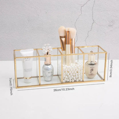 Premium Glass Makeup Brush Organizer with Gold Rim Cosmetic Brush Holder for Lipstick Eyeliners Waterproof Dustproof Storage Box