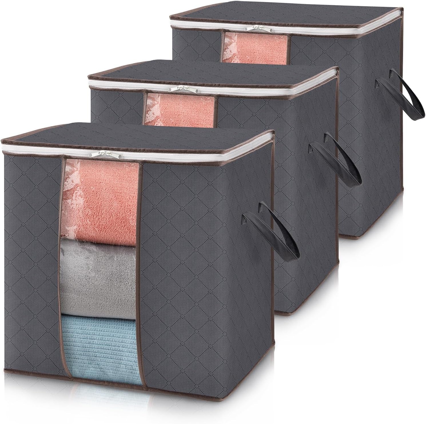 Caixas de Arrumação Dobráveis 100L – Conjunto de 3 com Tampa e Janela Transparente