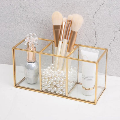 Premium Glass Makeup Brush Organizer with Gold Rim Cosmetic Brush Holder for Lipstick Eyeliners Waterproof Dustproof Storage Box