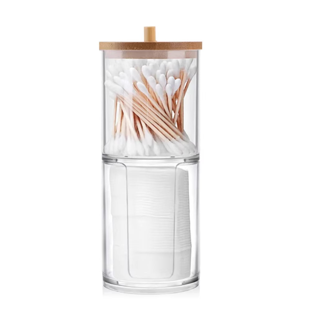 Cotton Swab Organizer Storage Bamboo Cover Acrylic round Organizer Makeup Storage Box Container Organizadores צמר גפן אחסון
