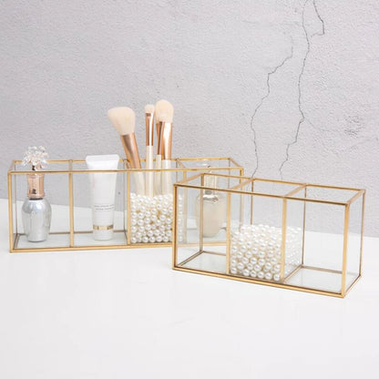 Premium Glass Makeup Brush Organizer with Gold Rim Cosmetic Brush Holder for Lipstick Eyeliners Waterproof Dustproof Storage Box