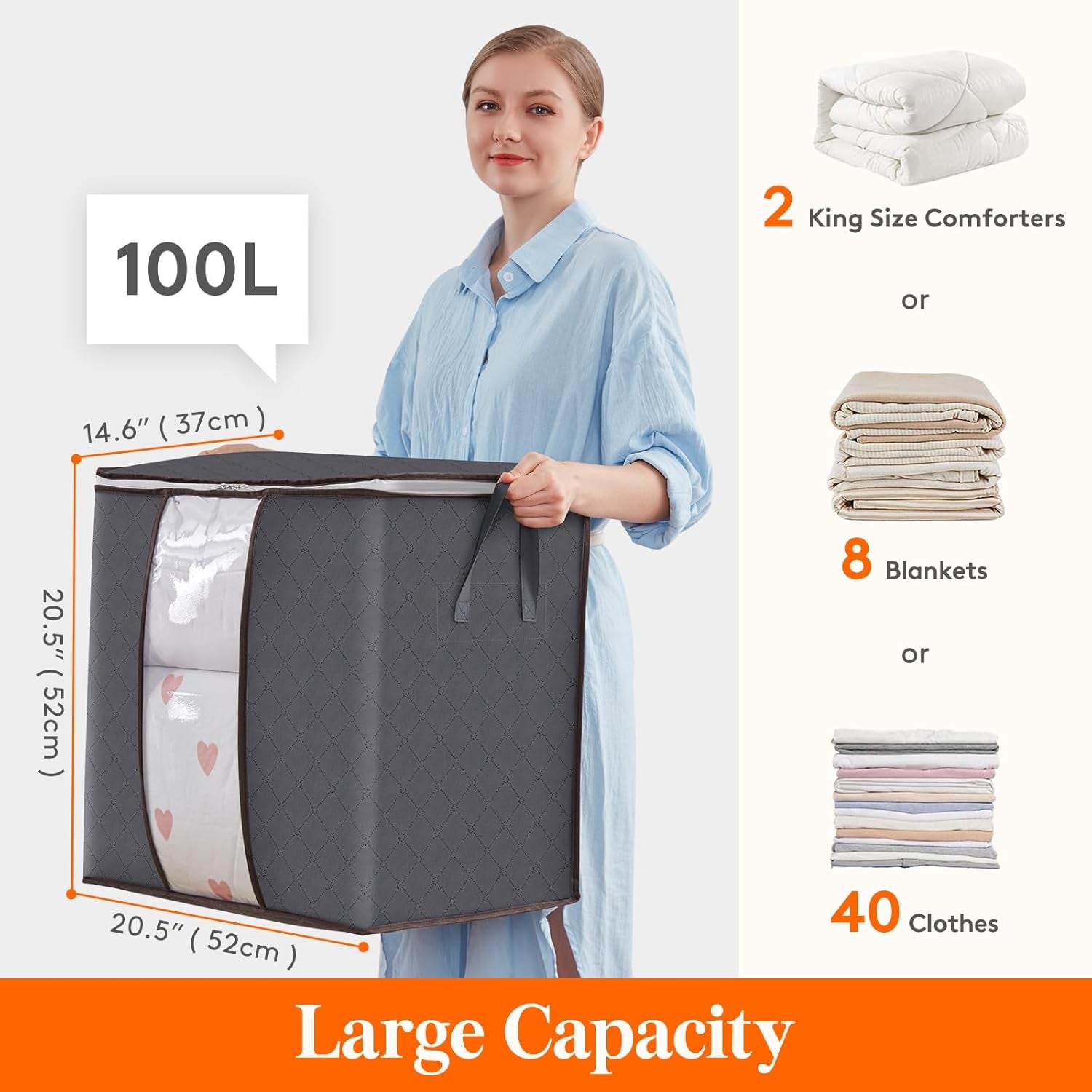Caixas de Arrumação Dobráveis 100L – Conjunto de 3 com Tampa e Janela Transparente