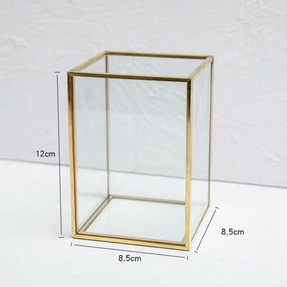Premium Glass Makeup Brush Organizer with Gold Rim Cosmetic Brush Holder for Lipstick Eyeliners Waterproof Dustproof Storage Box