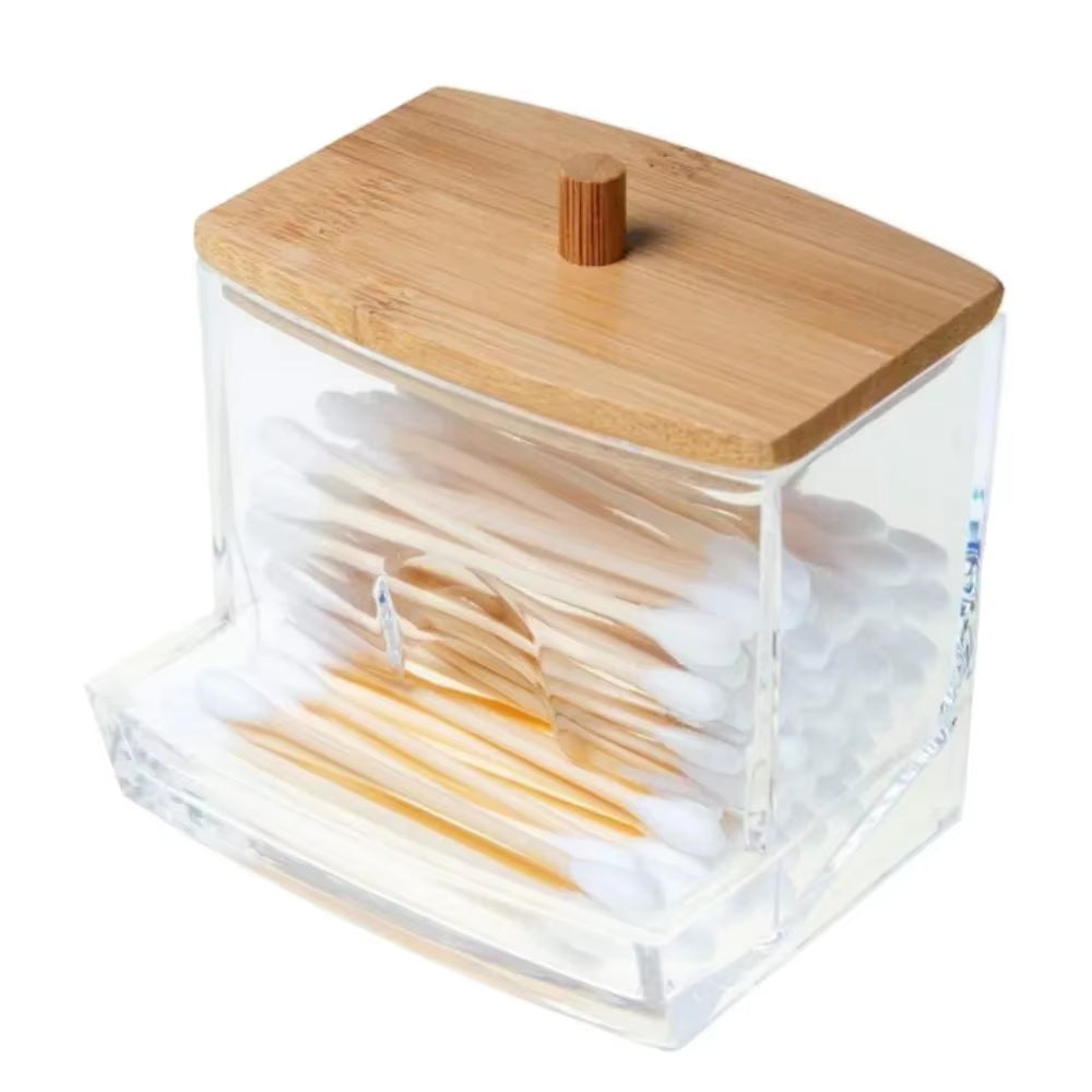 Cotton Swab Organizer Storage Bamboo Cover Acrylic round Organizer Makeup Storage Box Container Organizadores צמר גפן אחסון