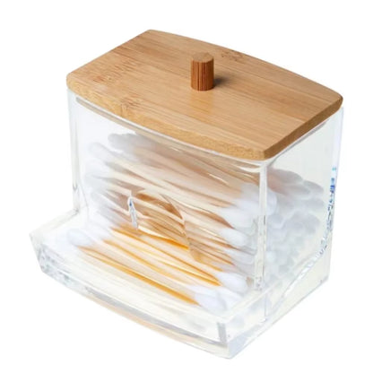 Cotton Swab Organizer Storage Bamboo Cover Acrylic round Organizer Makeup Storage Box Container Organizadores צמר גפן אחסון