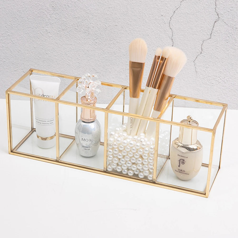 Premium Glass Makeup Brush Organizer with Gold Rim Cosmetic Brush Holder for Lipstick Eyeliners Waterproof Dustproof Storage Box