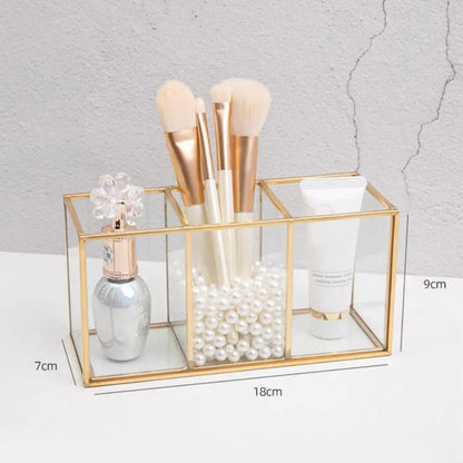 Premium Glass Makeup Brush Organizer with Gold Rim Cosmetic Brush Holder for Lipstick Eyeliners Waterproof Dustproof Storage Box