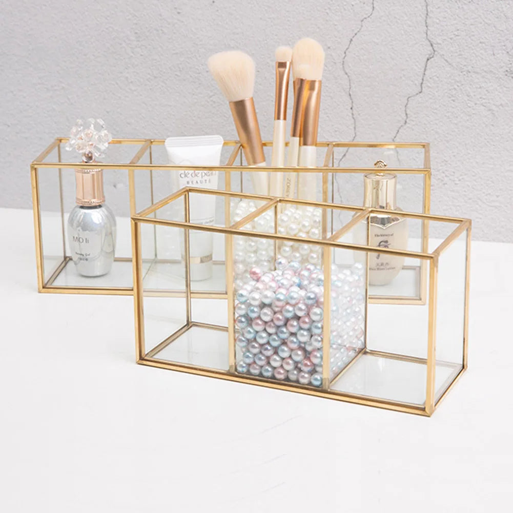 Premium Glass Makeup Brush Organizer with Gold Rim Cosmetic Brush Holder for Lipstick Eyeliners Waterproof Dustproof Storage Box