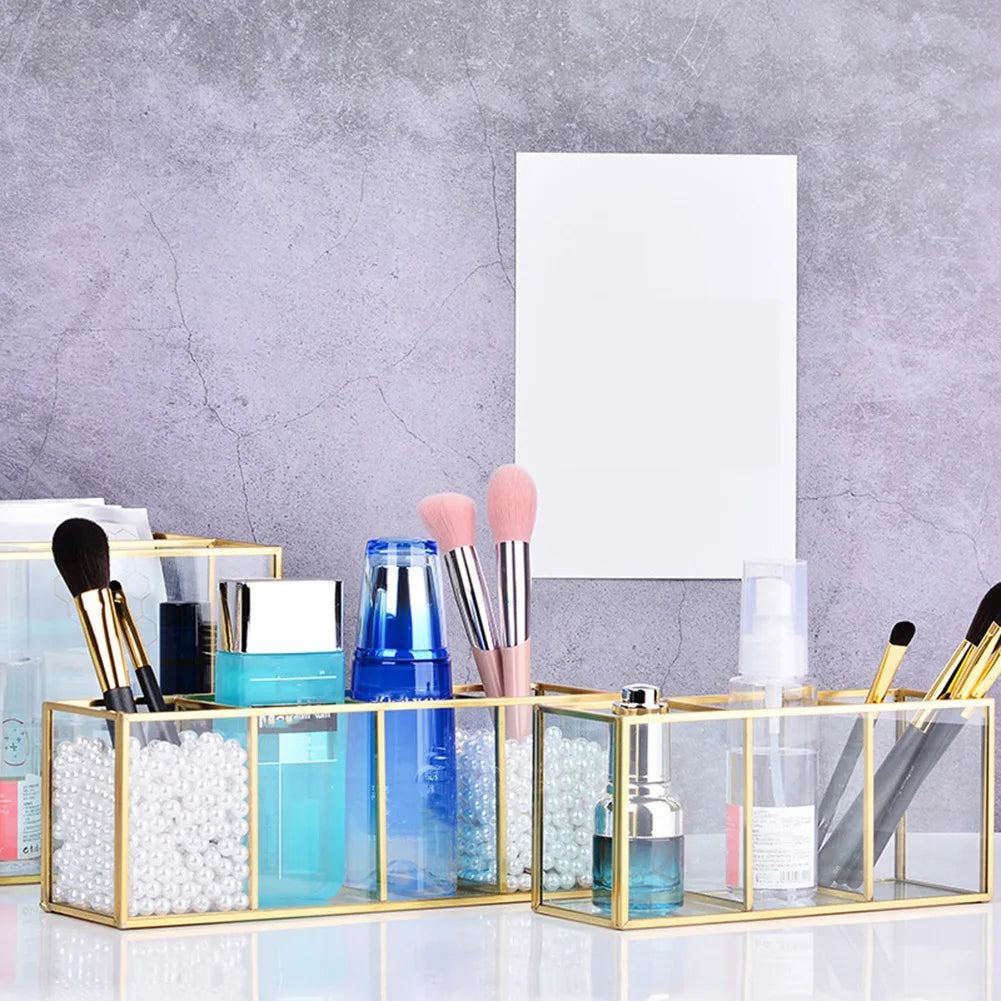 Premium Glass Makeup Brush Organizer with Gold Rim Cosmetic Brush Holder for Lipstick Eyeliners Waterproof Dustproof Storage Box